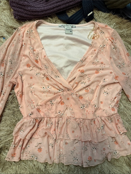 Tops - Peach Floral Wrap Peplum Blouse - Medium